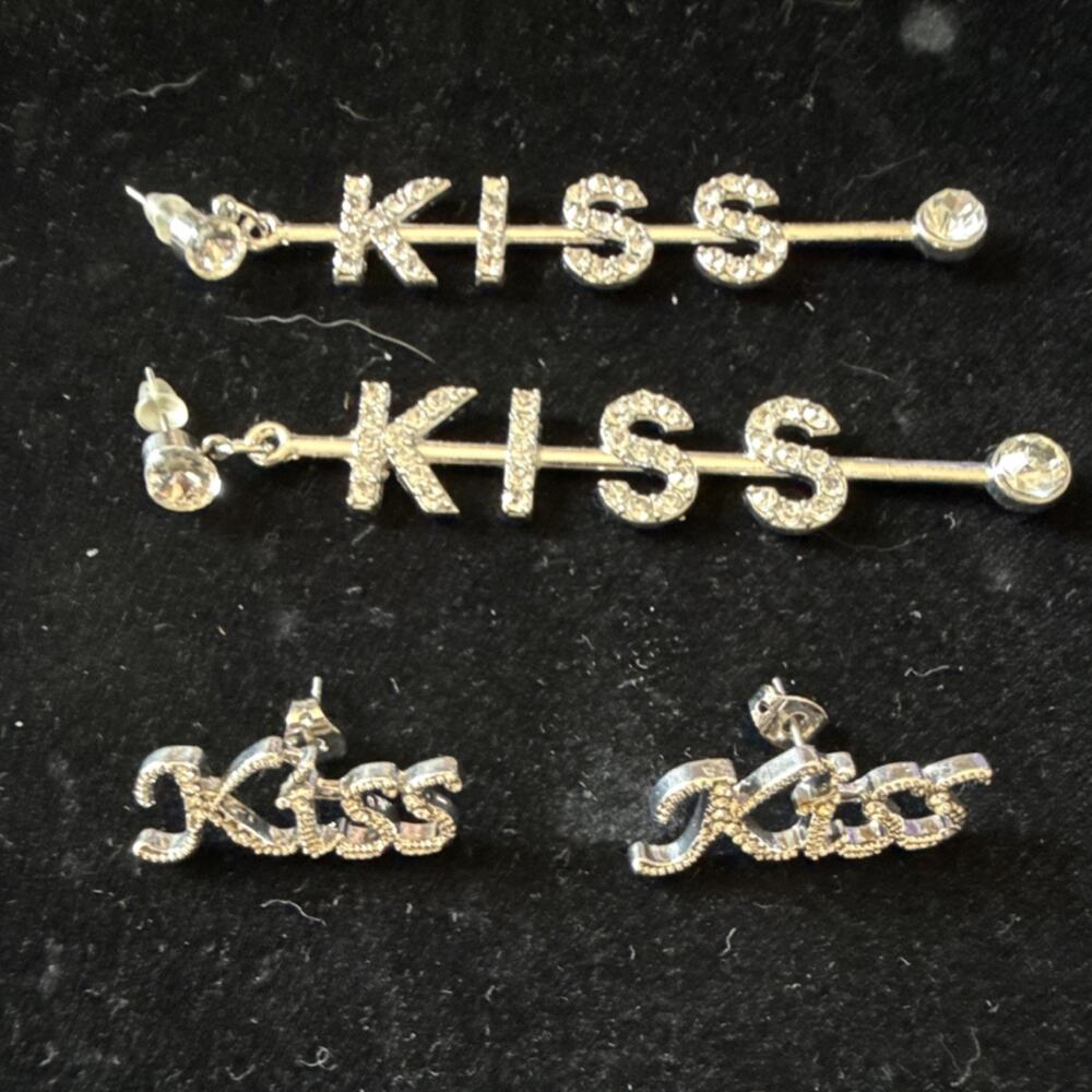 Rhinestone KISS Letter Earrings Set Stud & Barbell Dangle Silver Tone